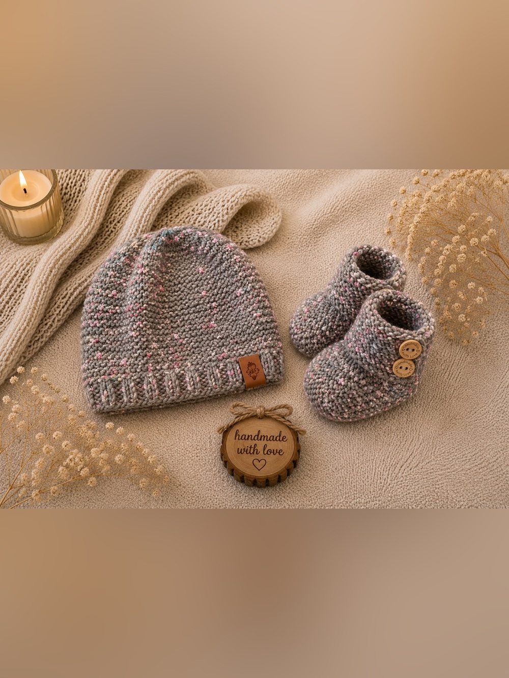 Handmade Gray Speckled Knit Beanie with Pink & Blue Flecks